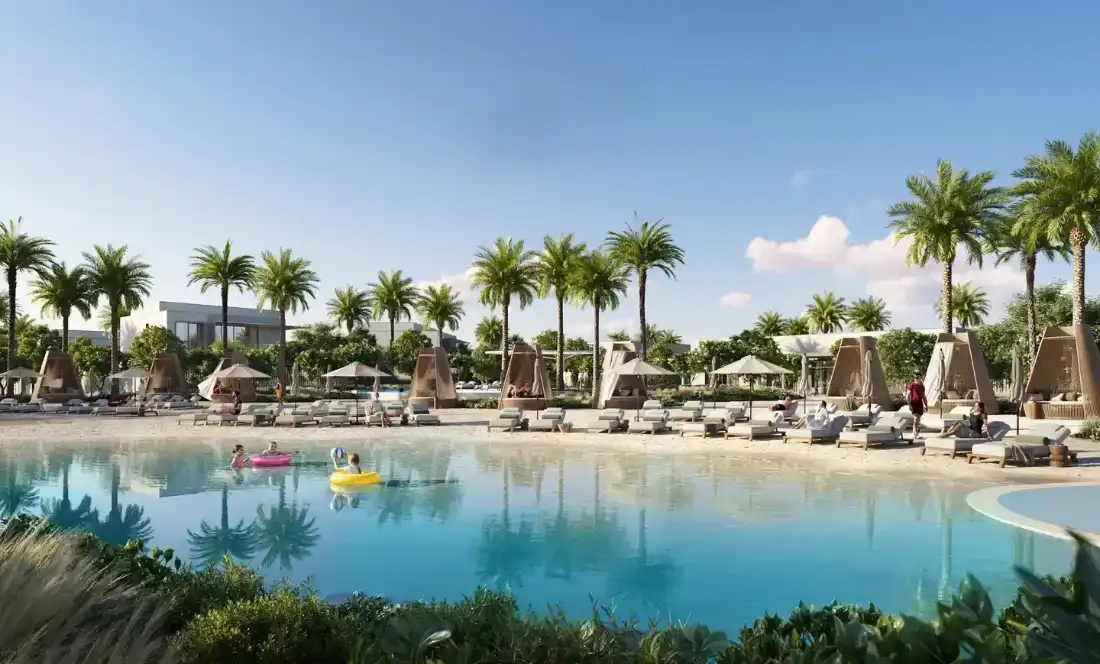 Swimmable lagoon beach with cabanas at The Oasis near Palace Villas Ostra