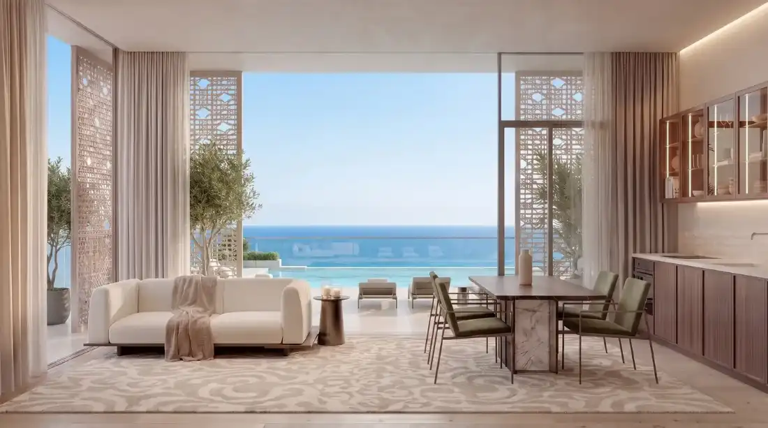 Richmond Residences fully furnished living room with sea view