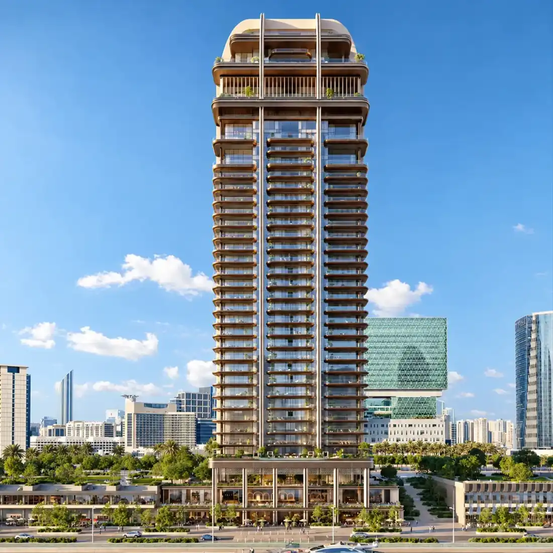 The Ritz-Carlton Residences Al Maryah Island tower with Abu Dhabi skyline