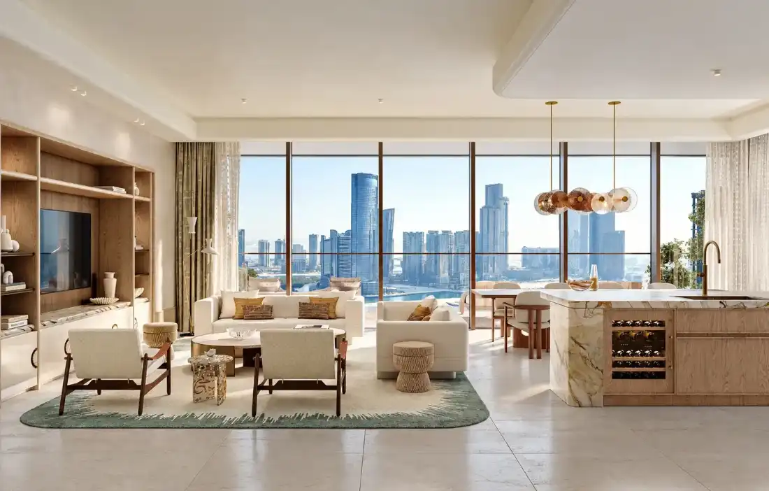 The Ritz-Carlton Residences living room with Al Maryah Island views