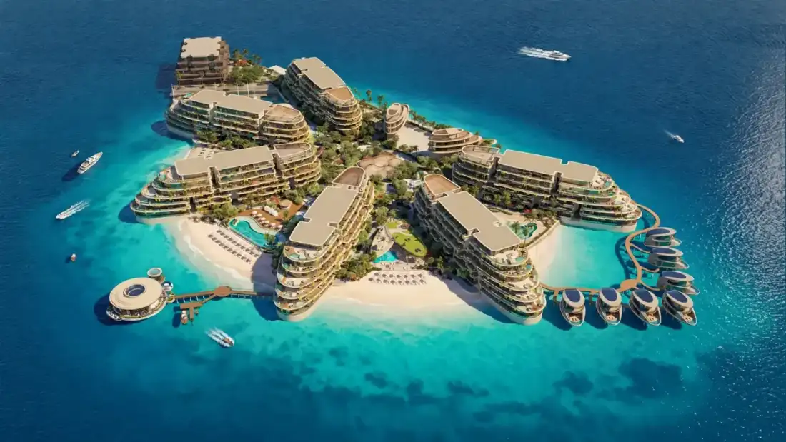 Aerial render of SAMANA Collecta island at The World Islands Dubai with beaches and floating villas