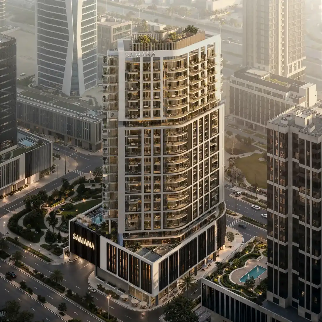 Samana Downtown One residential tower with panoramic glazing and rounded balconies