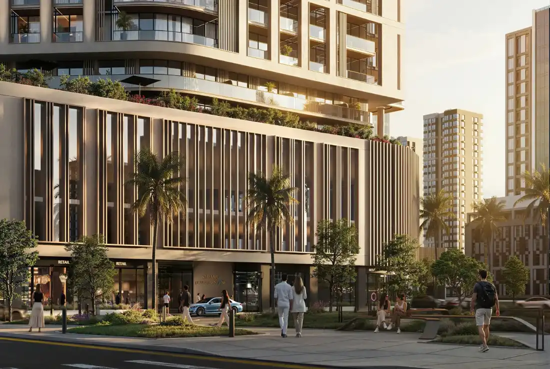 Samana Downtown One entrance and landscaped podium
