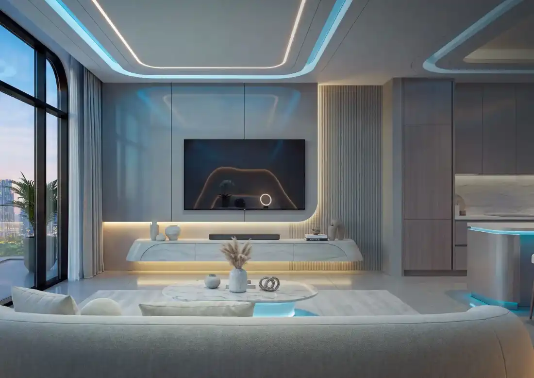 Samana Downtown One living room with smart home lighting