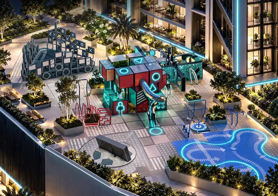 Samana Downtown One podium amenities with kids' areas and pools