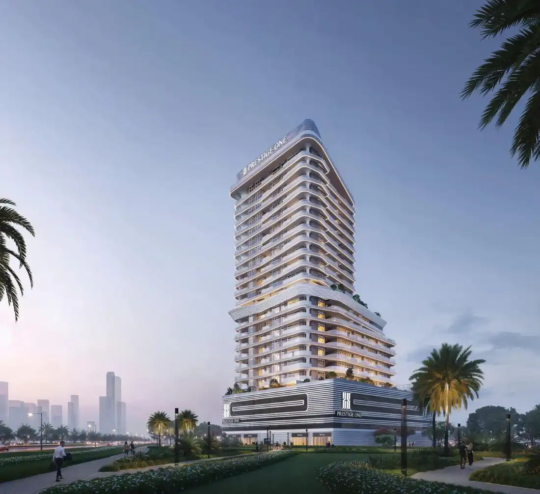 Sanctuary by Prestige One tower at Meydan Horizon, Dubai at dusk