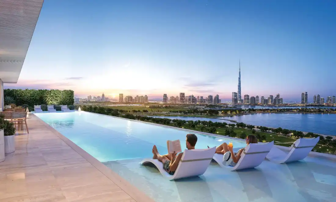 Sanctuary by Prestige One skyline infinity pool with Burj Khalifa views