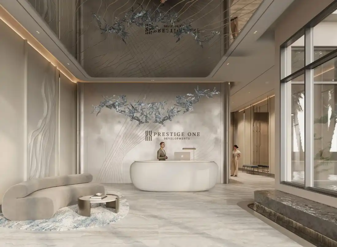 Sanctuary by Prestige One lobby with sculptural feature wall
