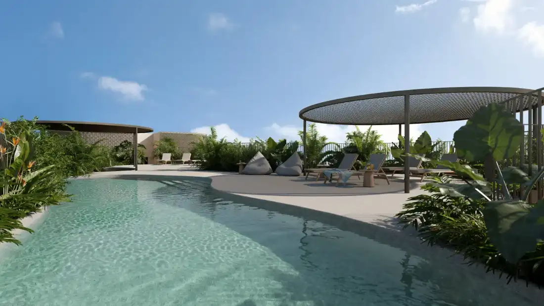 Tessera rooftop swimming pool with shaded seating