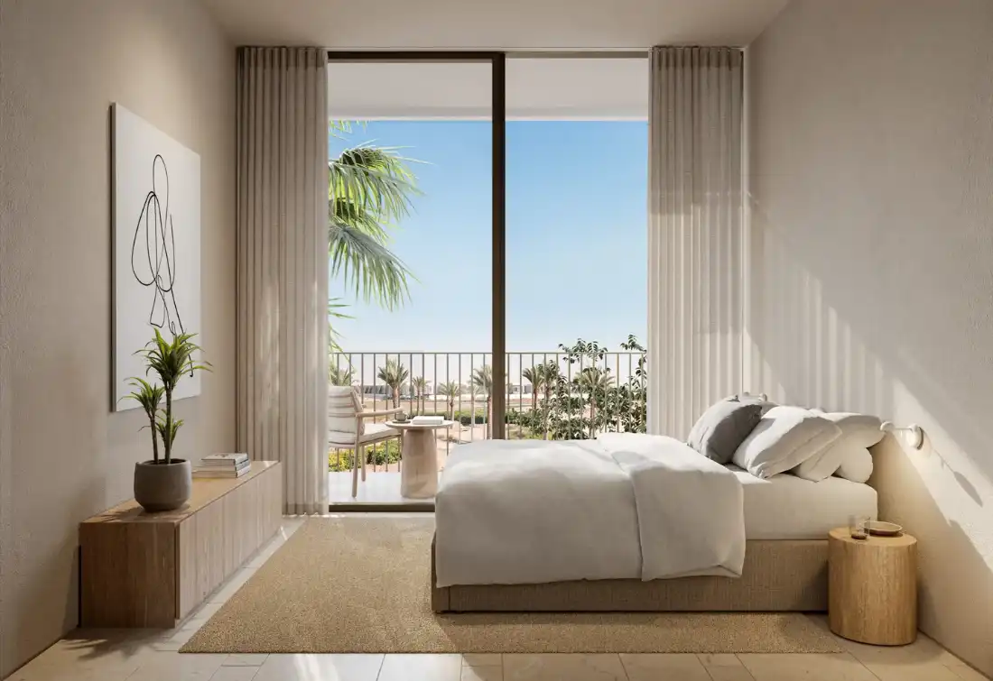 Tessera apartment bedroom with balcony view