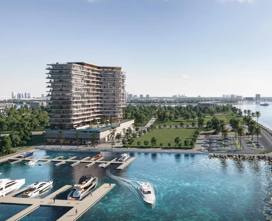 The Bay Interiors by Missoni overlooking the yacht marina at Dubai Islands