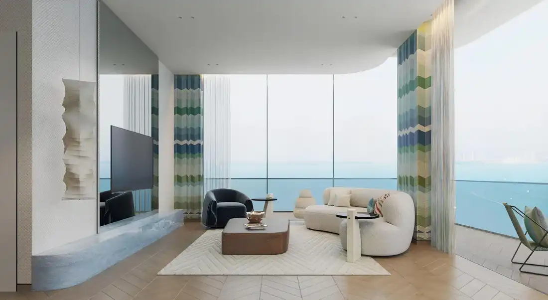 The Bay Interiors by Missoni living room with sea views