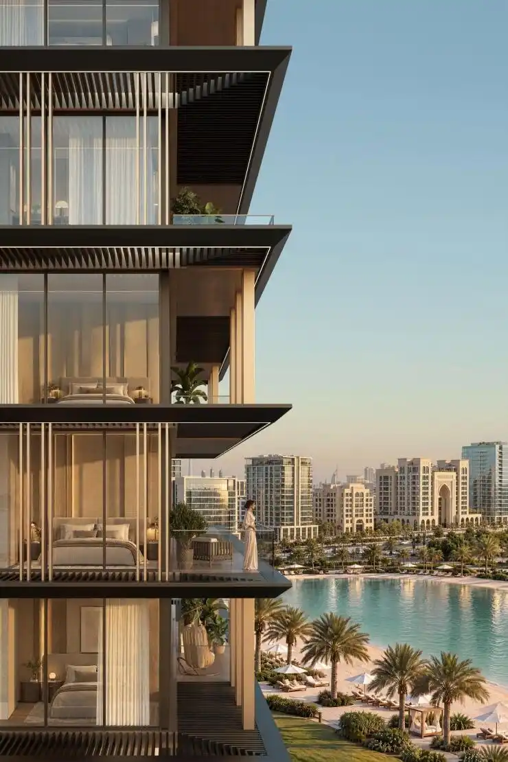 The Level by BI Group balconies overlooking the crystal lagoon