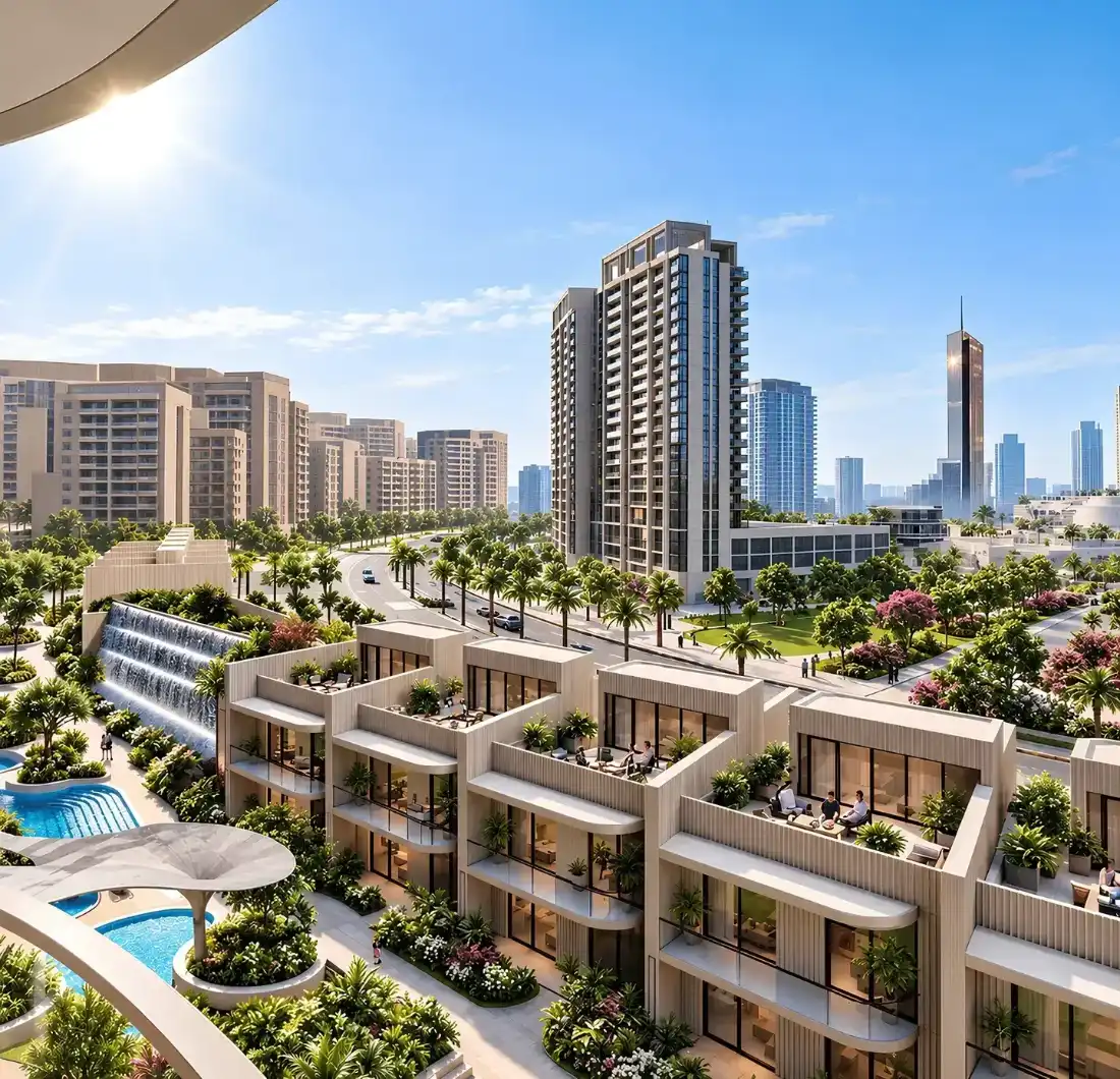 Aerial view of The Views by Ardee towers within Ardee Downtown, Al Marjan Island