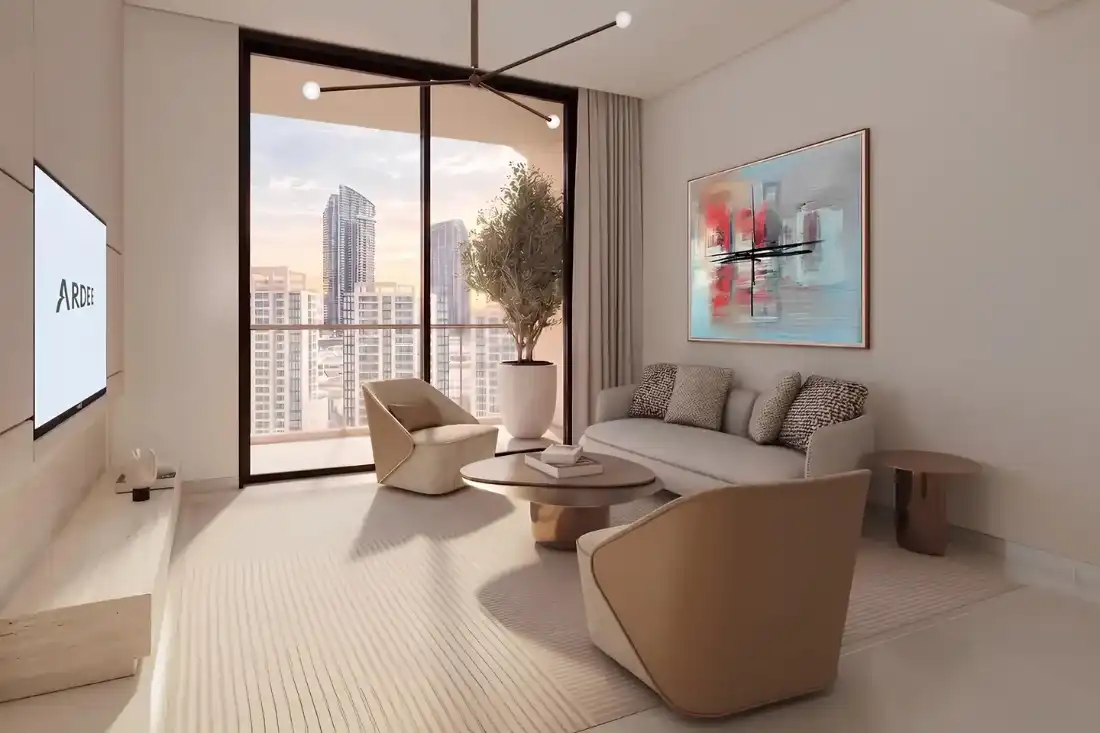 The Views by Ardee apartment living room with balcony and city views