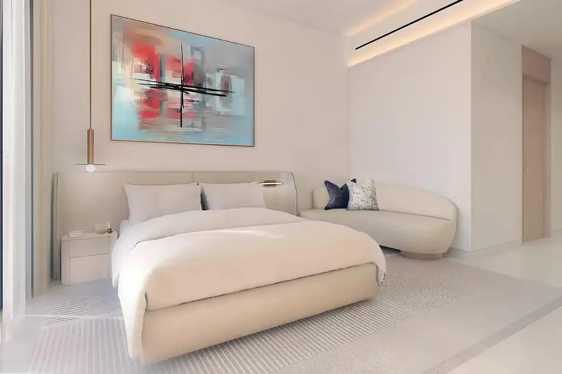 The Views by Ardee bedroom in beige and grey tones with wood textures