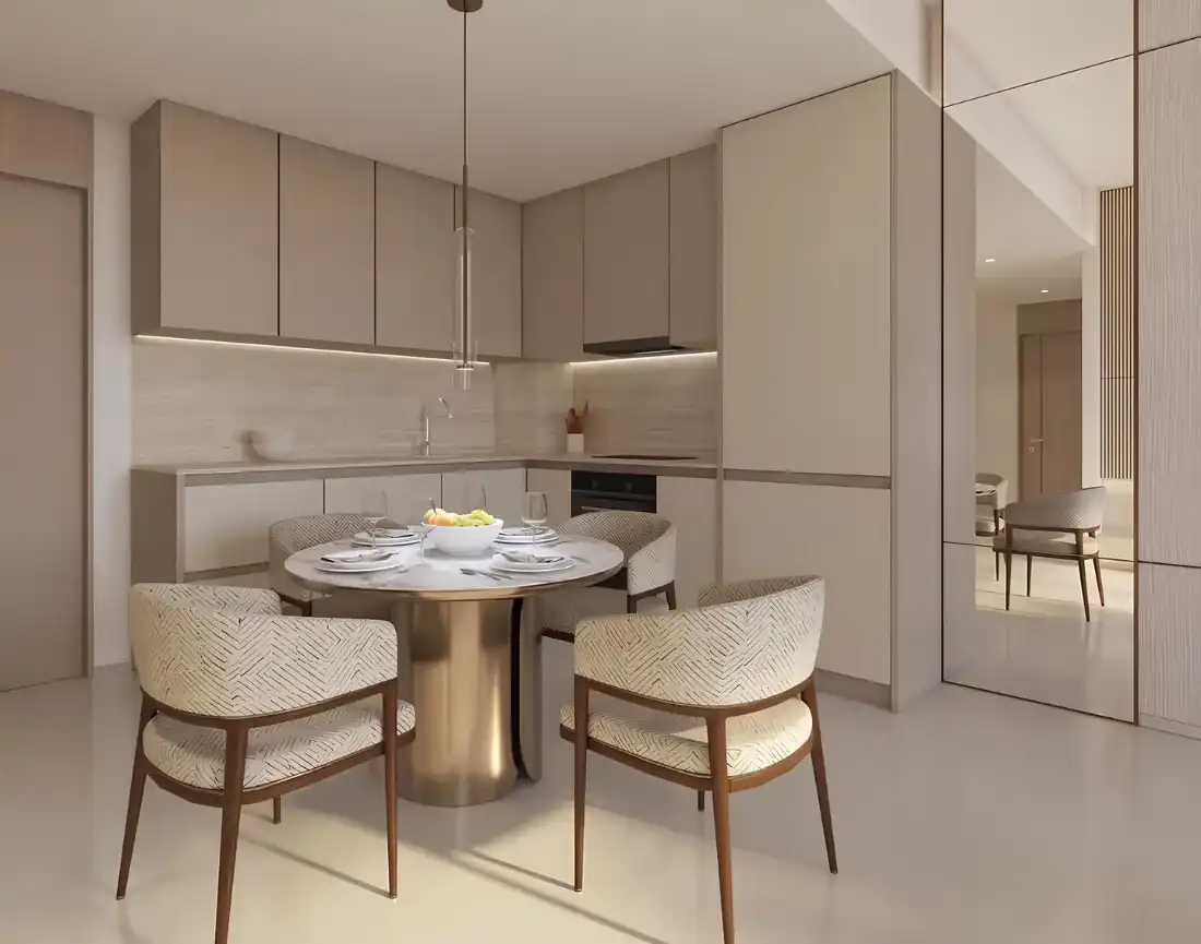 The Views by Ardee open kitchen and dining area in a studio apartment