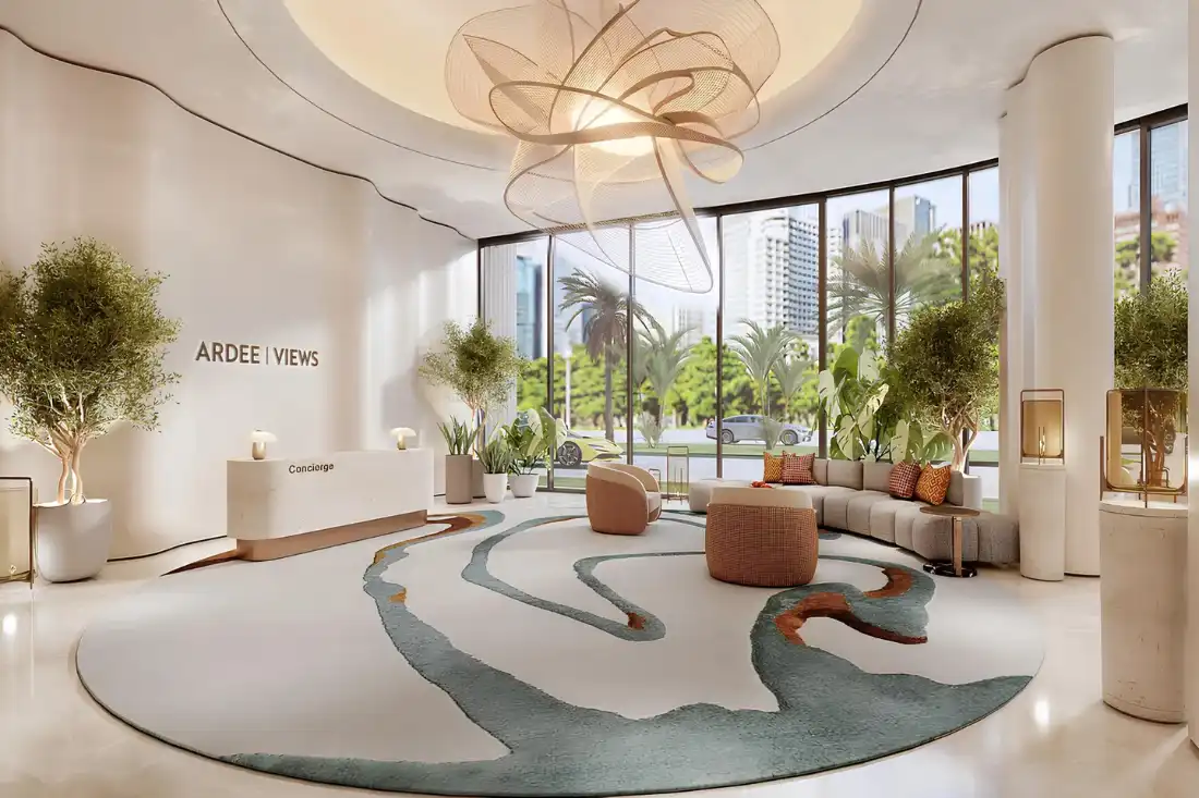 The Views by Ardee residents lobby lounge with sculptural seating