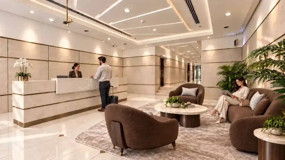 Trace Park lobby with lounge seating and reception