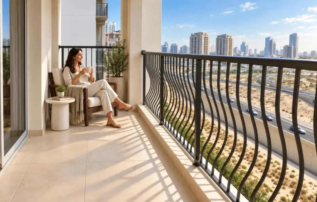 Trace Park apartment balcony with JVC skyline views