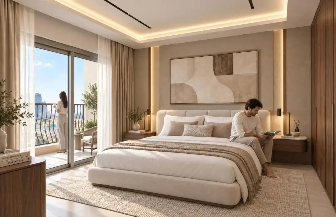 Trace Park fully furnished bedroom with balcony access