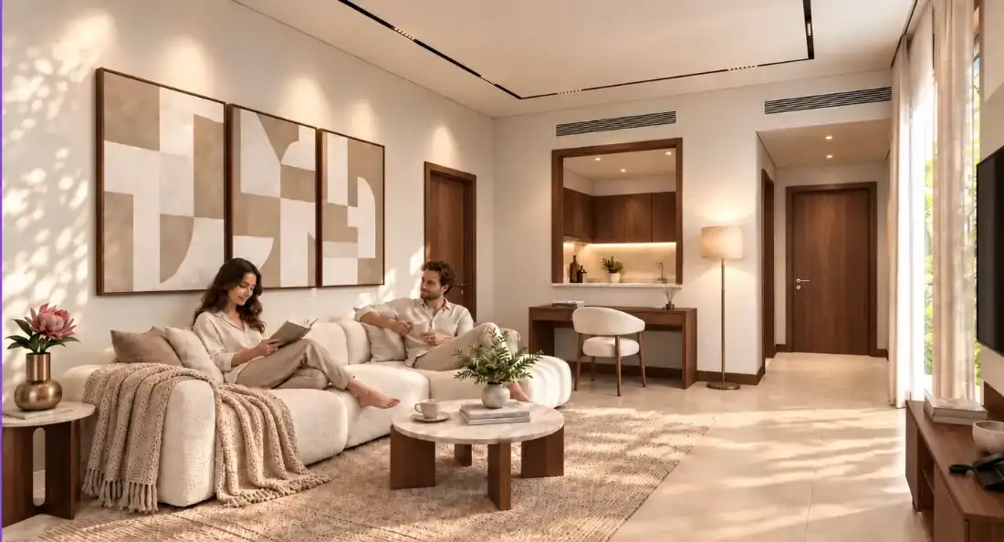 Trace Park furnished living room with warm wood finishes