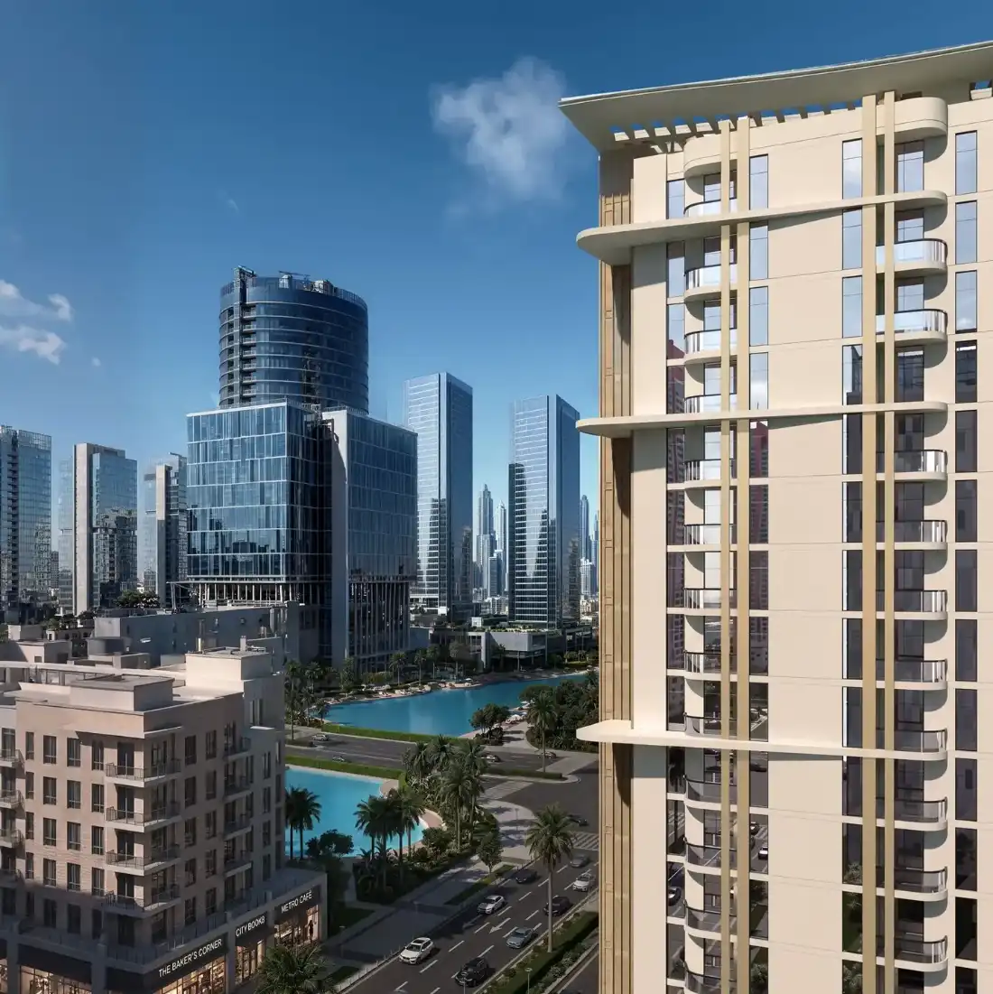 Verso tower overlooking the Meydan Horizon lagoon and city skyline