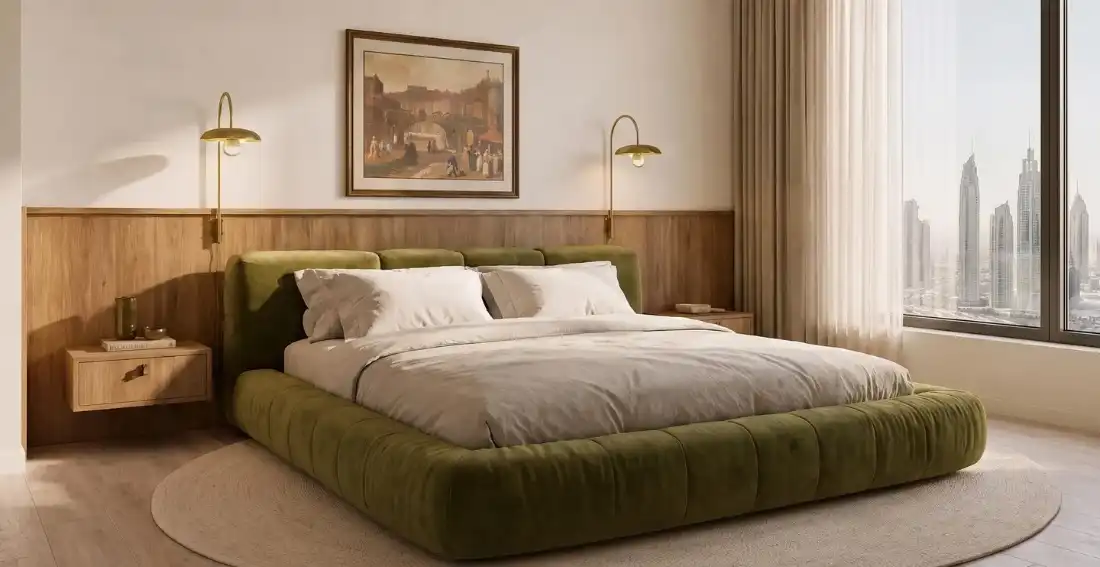 Verso apartment bedroom with wood accents