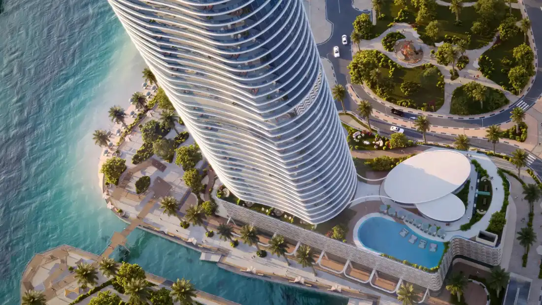 Aerial view of Waterfront by Missoni tower and beach on Al Reem Island