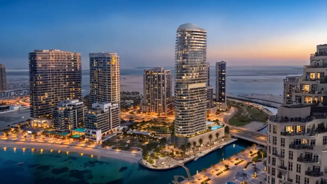 Waterfront by Missoni tower at dusk with Abu Dhabi skyline