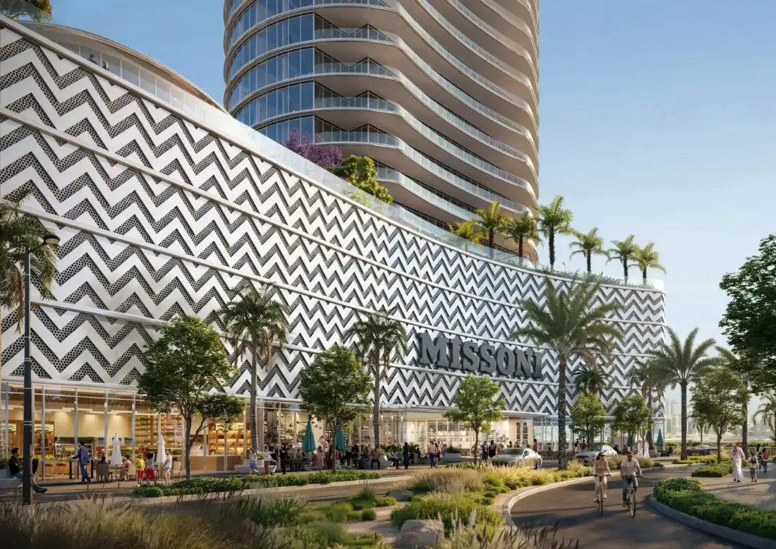 Waterfront by Missoni podium with zigzag cladding and landscaped entrance